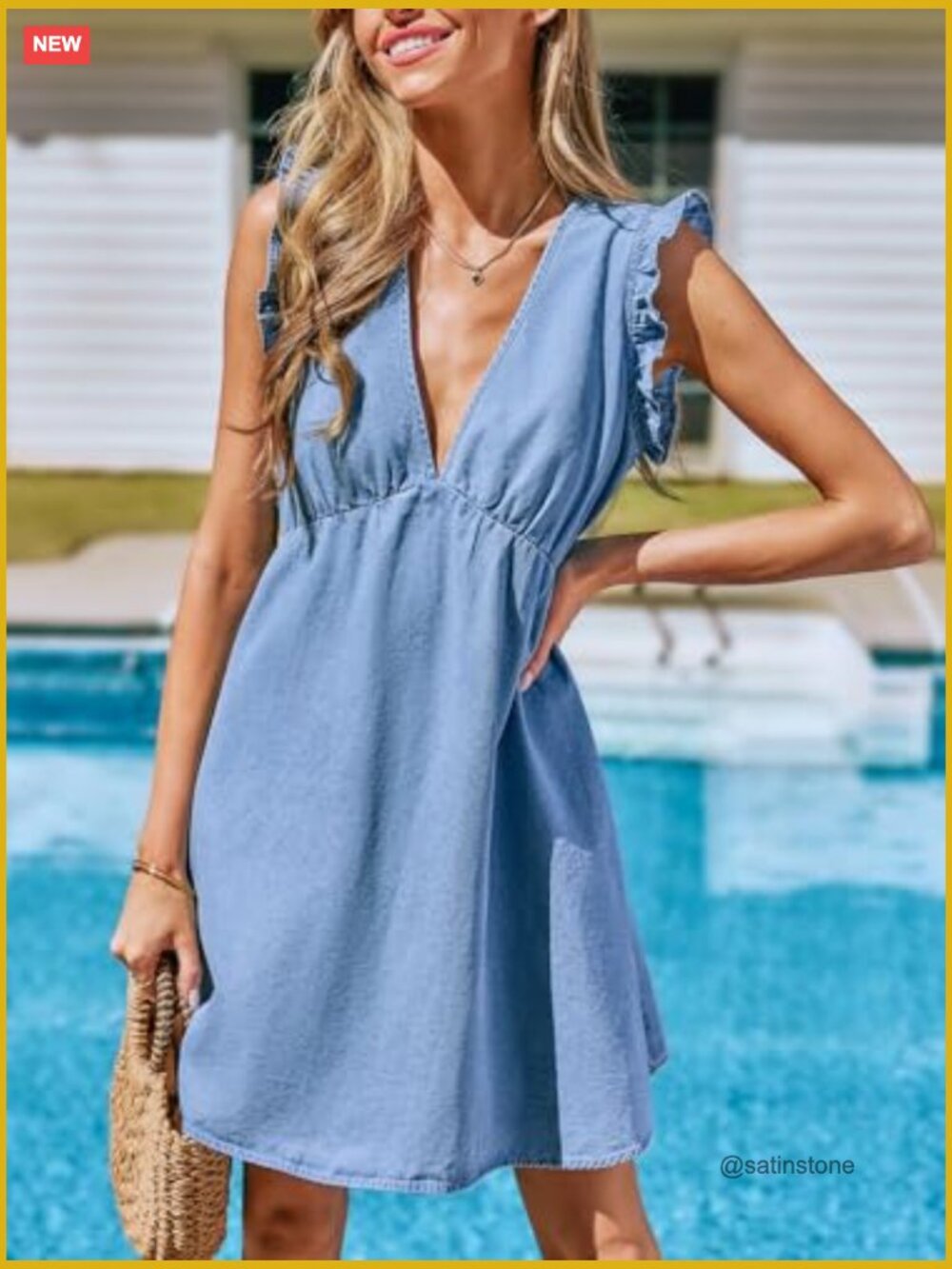 Women's Denim Summer Dress Cotton Plunging V Neck Casual Sundress Ruffle - Picture 6 of 7